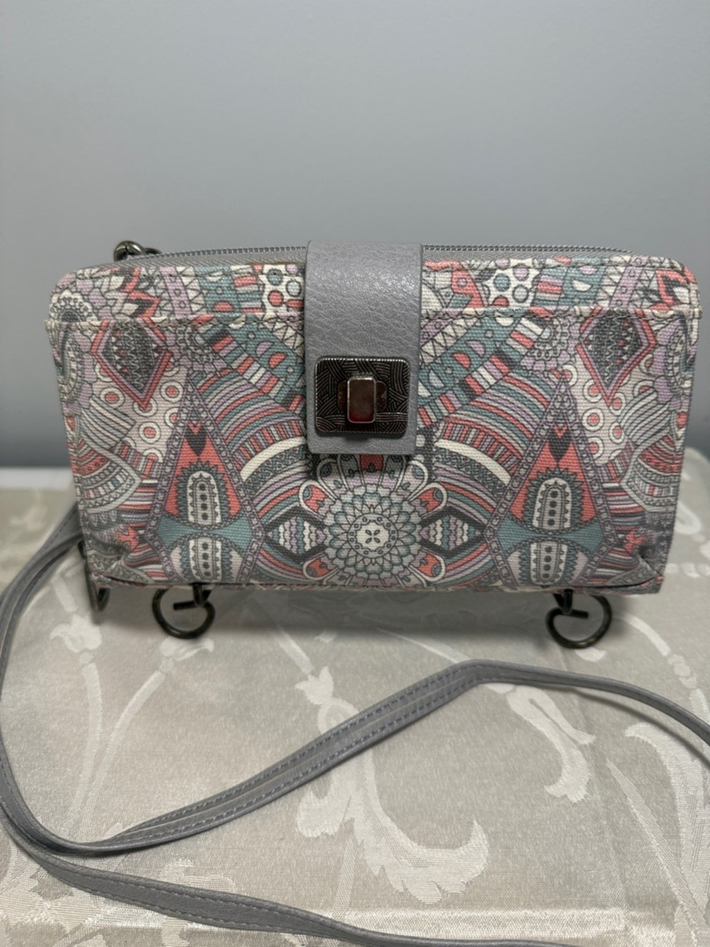 Sakroots Gray Crossbody Wallet with Coral & Teal Accents